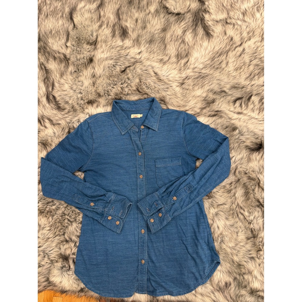 Faherty Brand Organic Cotton Button Down Shirt Indigo Blue Slub Jersey WKC0006 S